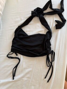SHEIN Black Ruched Halter Tie Crop Top